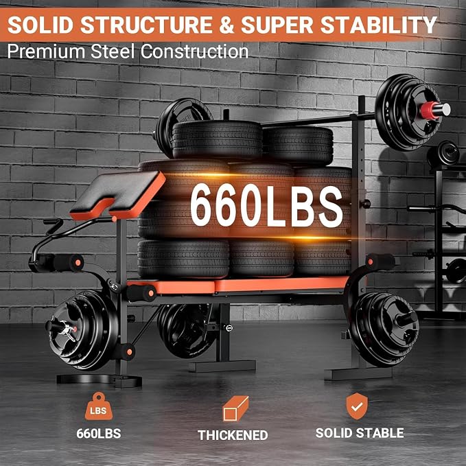 Fostoy Adjustable Olympic Weight Bench with Squat Rack & Leg Developer | 770lbs Positions & Heavy Duty Frame, Designed for Bench Press, Squats, Dumbbell Training and Full Body Workouts