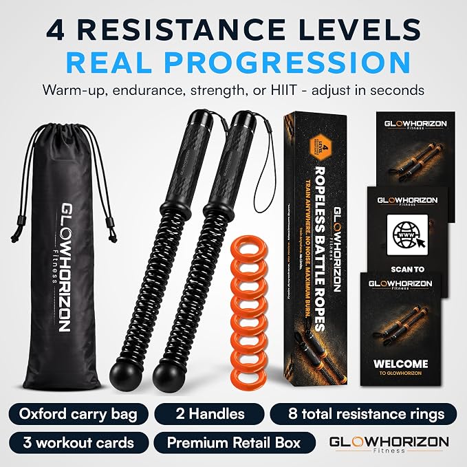 Ropeless Battle Ropes, Cordless Battle Ropes with 8 Removable Weight Rings, Portable Battle Rope Sticks for Home Gym HIIT Workouts