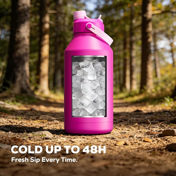 POWCAN 64 oz Insulated Metal Water Bottle for Women: 2-in-1 Straw & Spout Lid, Keep Cold 48H, Leakproof, Carrier Bag, Half Gallon Stainless Steel Water Bottle for Sports, Travel, and Fitness (Peony)