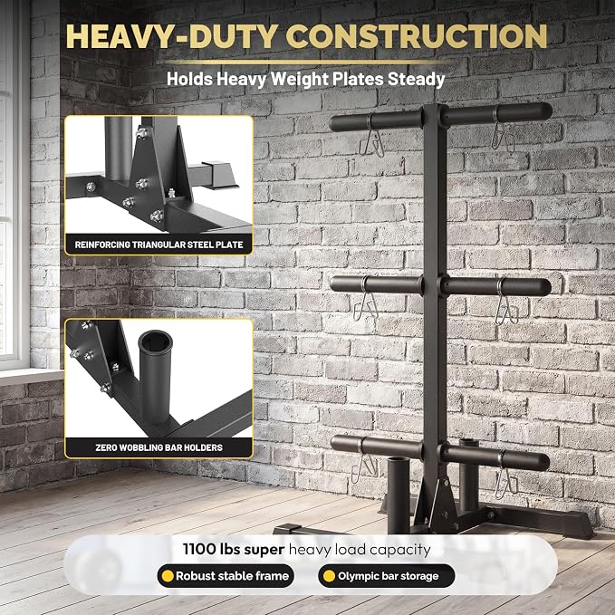 1100lb Capacity Weight Plate Tree Rack with Barbell Holder for Home Gym | AMGYM Strength Training Plate Storage Stand and Barbell Holders, 1100 lb Weight Capacity, Fits Both 1" and 2" Bumper Plates