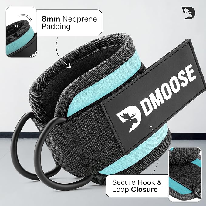 DMoose Ankle Strap for Cable Machine - One Size Fit with Premium Padding, Workout Kickback Ankle Cuffs, Ankle Bands for Working Out, Booty Workouts, Leg Extension, Hip Abductors & Lower Body Exercises