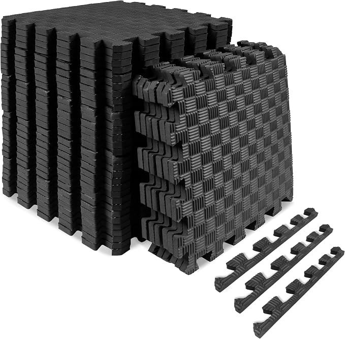 ProsourceFit Exercise Puzzle Mat ½-inch, Checkered EVA Foam Floor Tiles w/ Non-Slip Texture, Interlocking Design for Adjustable Gym Surfaces, Shock Absorbing, Black, 36 SQ FT - 36 Tiles