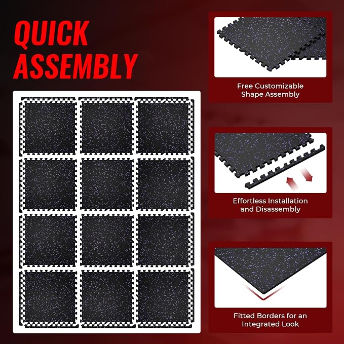 SUPERJARE 0.79'' Extra-Thick Exercise Equipment Mats, 12 Pcs 48 Sq Ft Rubber Top Floor Tiles with High Density EVA Foam, Interlocking Gym Flooring for Home Gym, Protective Workout Mat, Black/Purple
