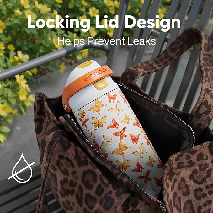 ENCOOL Leakproof Insulated Water Bottle with Straw Dual-Sip Water Bottle Bag-Safe Design for Work, Commute & Gym – Keeps Drinks Cold All Day, 24 oz, Sunset Butterflies