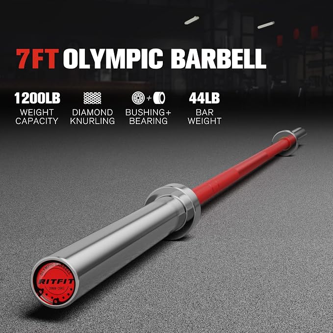 RitFit Elite 7ft Olympic Barbell, Robust 45lb Barbell for Weightlifting and Powerlifting, Superior Olympic Bar with Exceptional 500lbs Load Capacity, Weight Bar for 2” Standard Plates