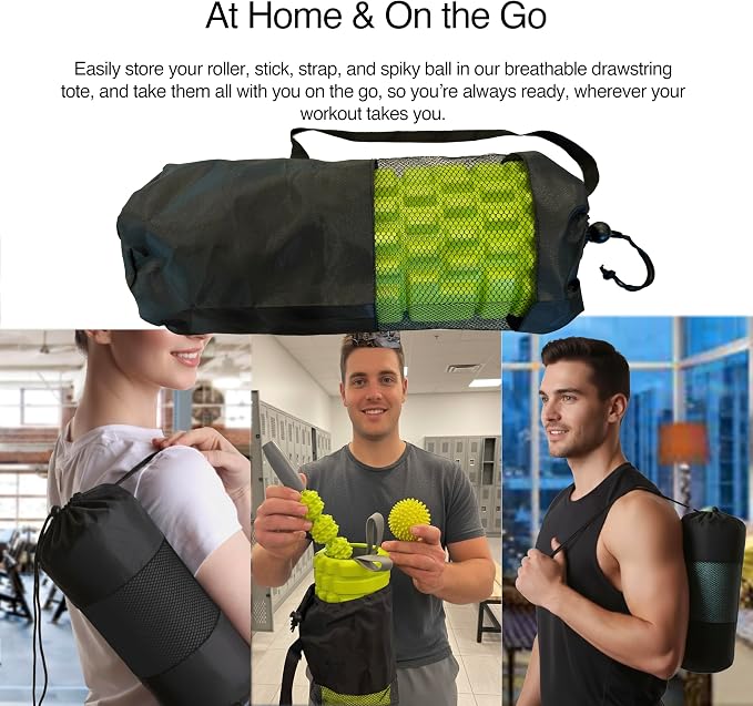 321 STRONG 5-in-1 Massage Set, Complete Mobility Kit for Workout Recovery | Deep Tissue Roller for Legs, Spikey Foot Ball, Hamstring Stretch Strap, Quad Roller Stick, Carry Bag