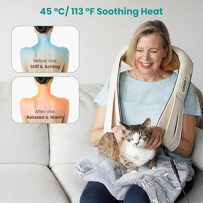 Nekteck Shiatsu Neck Massager with Heat for Pain Relief, NOT Cordless | 2026 Upgraded 3D Back Shoulder Kneading Massage Pillow, 3 Intensity Speeds Deep Tissue, Relaxation Gifts for Men Women, Beige