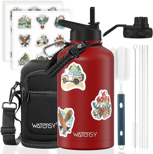64oz Insulated Water Bottle (Cold for 48 Hrs),BPA Free&Leak Proof,Half Gallon Stainless Steel Water Flask,Water Jug with Straw Spout Lids for Gym,Hiking,Camping,Red