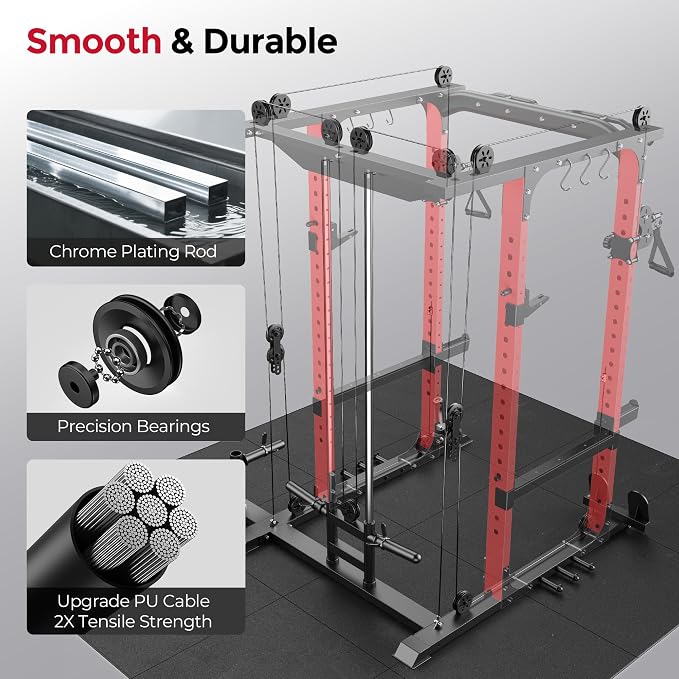 SPORTSROYALS Power Rack, Multi-Functional Power Cage, Squat Rack with Pulley System & LAT Pull Down, Workout Cage with J Hooks for Home Gym