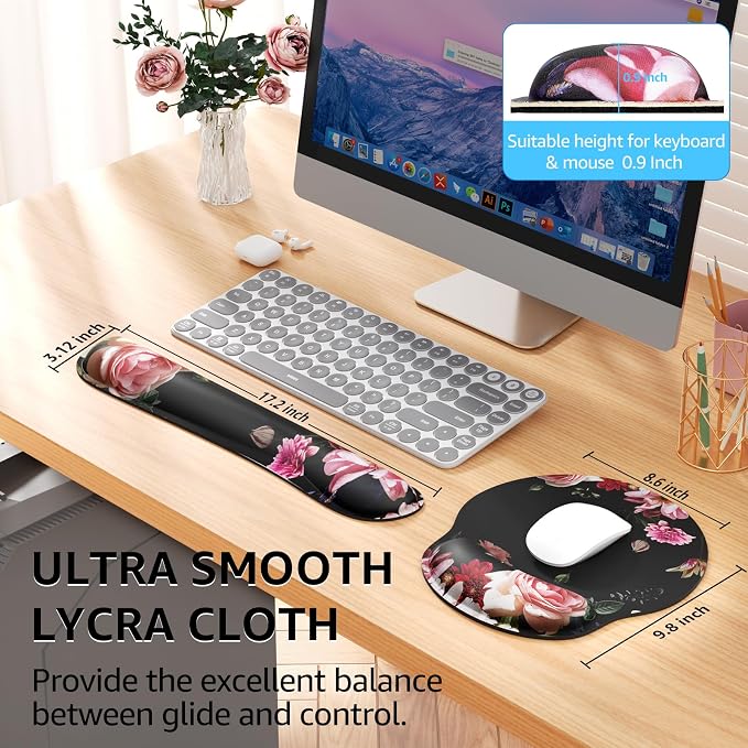 KTRIO Keyboard Wrist Rest & Mouse Pad with Wrist Rest, Peony Flower | Memory Foam Wrist Support, Ergonomic Design, Non-Slip Base, Office and Home Use