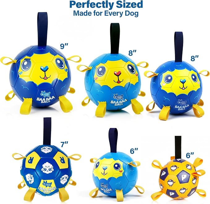 Race&Herd 7.5" Jolly Soccer Ball for Dogs - Tough Durable Dog Ball Toy with Straps, Pet Bouncy Herding Balls for Dogs, Floating Dog Balls with Tags for Water Fetch, BaaBaaBall (Ocean)