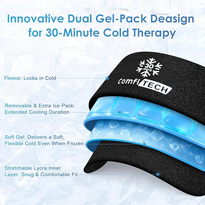 ComfiTECH Dual-Gel Elbow Ice Pack Wrap for Arm with 30-Min Cooling, L | Reusable Gel Forearm Brace for Tendonitis & Injuries, Cold Compression Sleeve for Pitchers, Tennis Elbow & Golfer Arm Relief