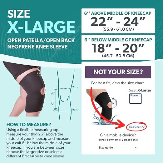 BraceAbility Open Patella/Open Back Neoprene Knee Sleeve | Water-Resistant Athletic Compression Knee Brace for Swimming, Wakeboarding, Scuba Diving, Surfing, Waterskiing and Other Sports (XL)