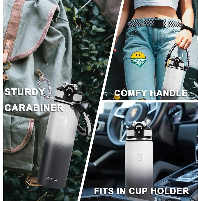 TOPBADE 32oz Insulated Water Bottle with Straw Lid & Spout Lid & Paracord Handle, Stainless Steel Water Bottle Wide Mouth, Double Wall for Women Men Gym Fitness Outdoor
