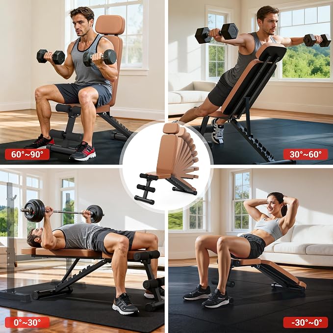 XDDIAS Workout Bench, 10 Backrests Adjustable Weight Bench with Extended Headrest, 800LBS Foldable Weight Bench for Home Gym, Incline Decline Flat Bench Compact for Small Space Training
