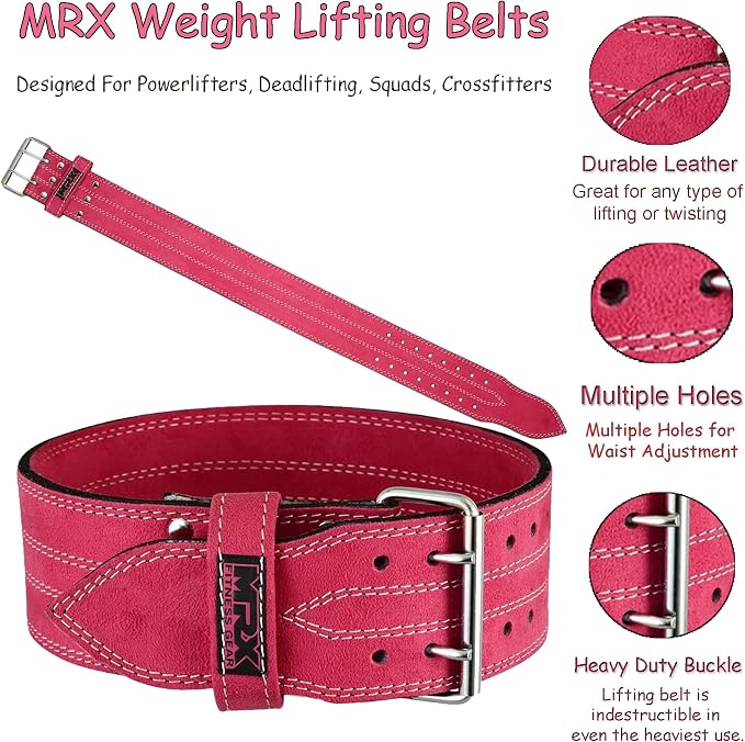MRX Powerlifting Leather Belt 4" Wide 10mm Thickness Training Fitness Back Support Bodybuilding Belts with Steel 2 Prong Buckle