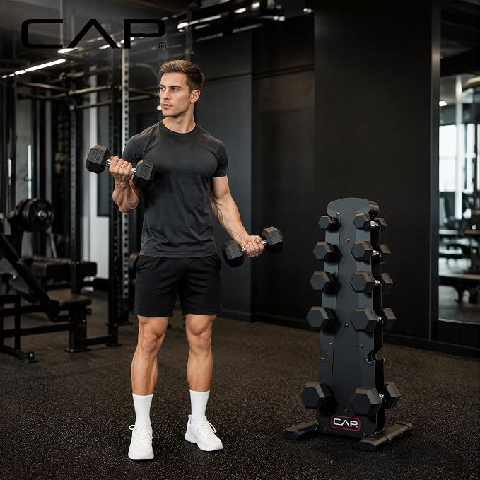 CAP Rubber Coated Hex Dumbbell Set with Storage Rack | 100–210 lb Options, Space-Saving Vertical Compact Storage for Home Gym Strength Training