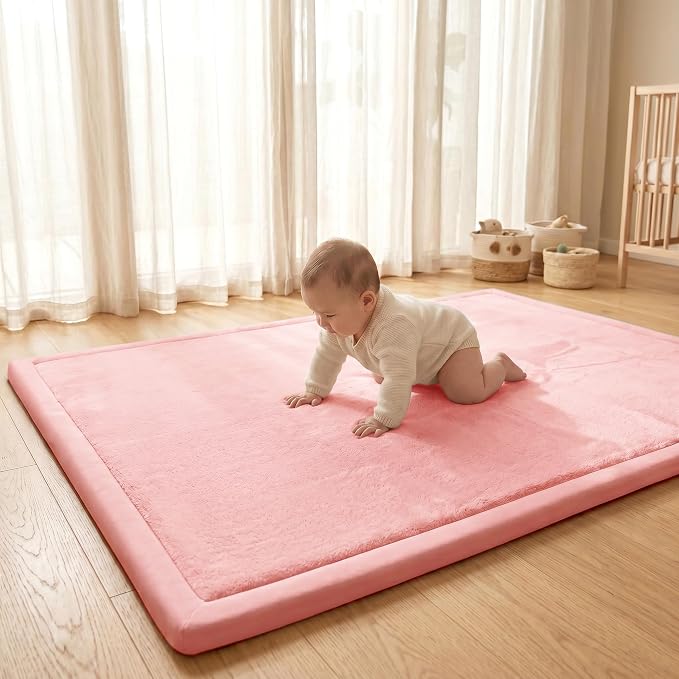 ACOMOPACK Baby Play Mat for Floor,1.3" Thick Elasti-Foam 59"×71" Non-Slip Water Repellent,Non-Toxic Playpen Mat for Infants Toddlers Kids, Ultra Soft Coral Velvet for Tummy Time Crawling（Pink）