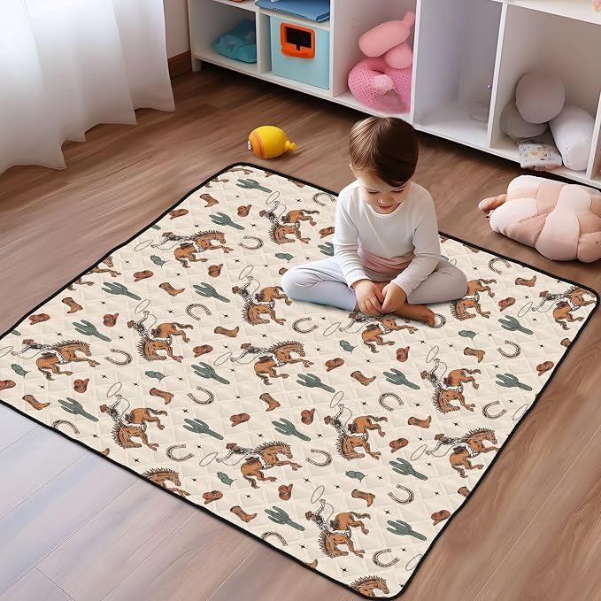 Baby Play Mat Cactus Cowboy Horse Plant 50" X 50" Play Gym Crawling Mat Soft Non-Slip Portable Picnic Floor Mat for Infant, Babies, Toddler, Kids