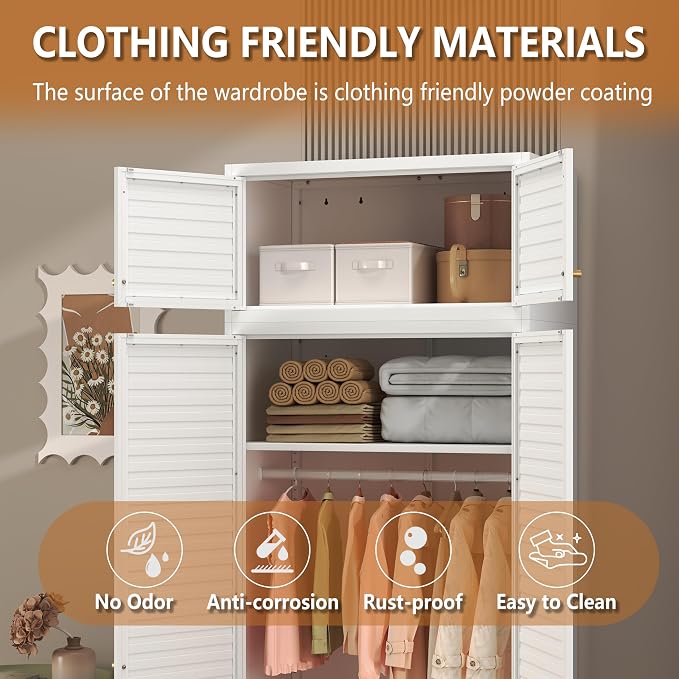 Polup 86" Tall Metal Armoire Wardrobe Closet for Hanging Clothes | White Heavy Duty Steel 4-Door Clothing Storage Cabinet with Adjustable Shelves, Rod, for Bedroom, Office (Ships in 2 Boxes)