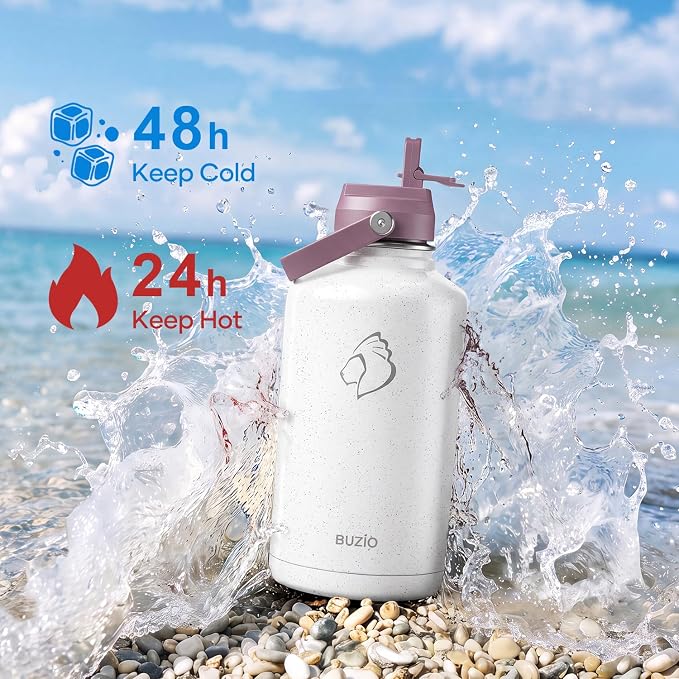 BUZIO 64oz Insulated Water Bottle with Straw Lid and Spout Cap, Stainless Steel Powder-Coat Water Flask, Keep Beverage Cold for 48 Hrs Hot for 24 Hrs Simple Thermo Canteen Mug, Starry Violet