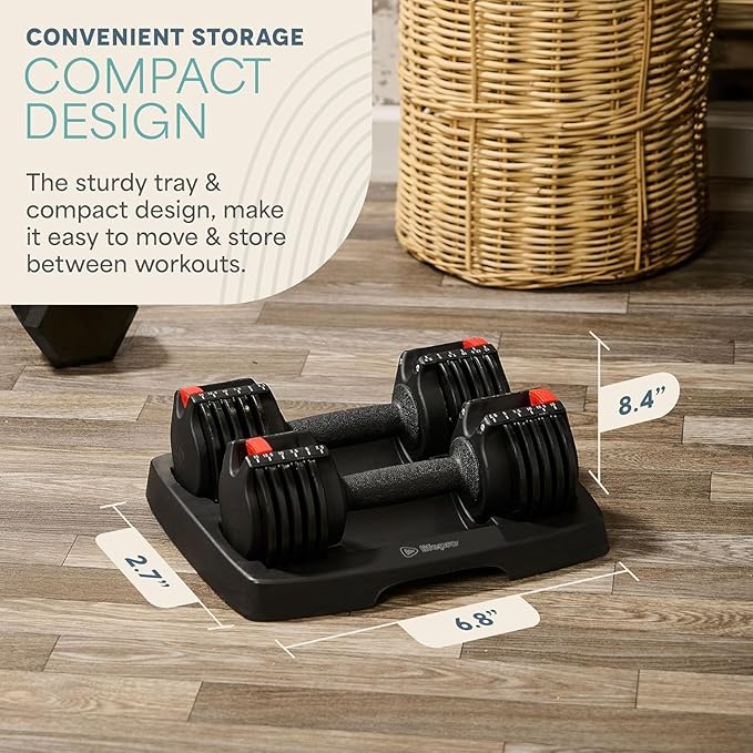 LifePro Adjustable Dumbbells, Single or 2pcs, Up to 55 lbs & 3-in1 option | Quick-change weight system with included rack — available in options from 2.5 to 55 lbs for every fitness level