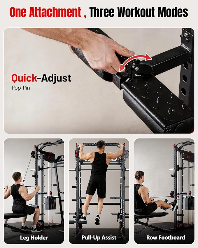 Mikolo M4 2.0 Smith Machine, 2200lbs Squat Rack with LAT-Pull Down System & Cable Crossover Machine, Training Equipment with Leg Hold-Down Attachment
