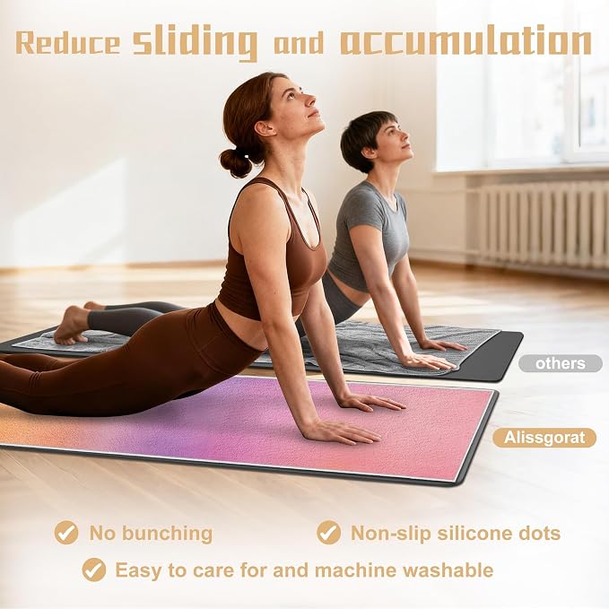 Yoga Mat Towel Non Slip Ultra-Absorbent Hot Yoga Towel, Super Stylish Printed Sweat Hot Yoga Towel, Ideal for Home, Workouts, Pilates, Yoga, 72 x 27in, Purple & Orange