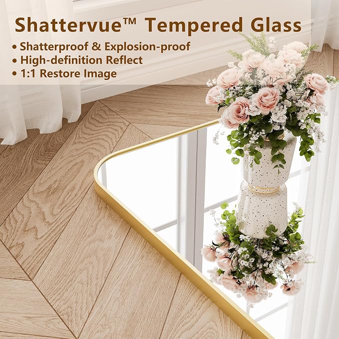Koonmi Full Length Mirror, 76"x34" Mirror Full Length with Stand | Domed Top Square-Edged ShatterProof Floor Mirror with Gold Aluminum Alloy Frame for Bedroom Living Room Home Gym