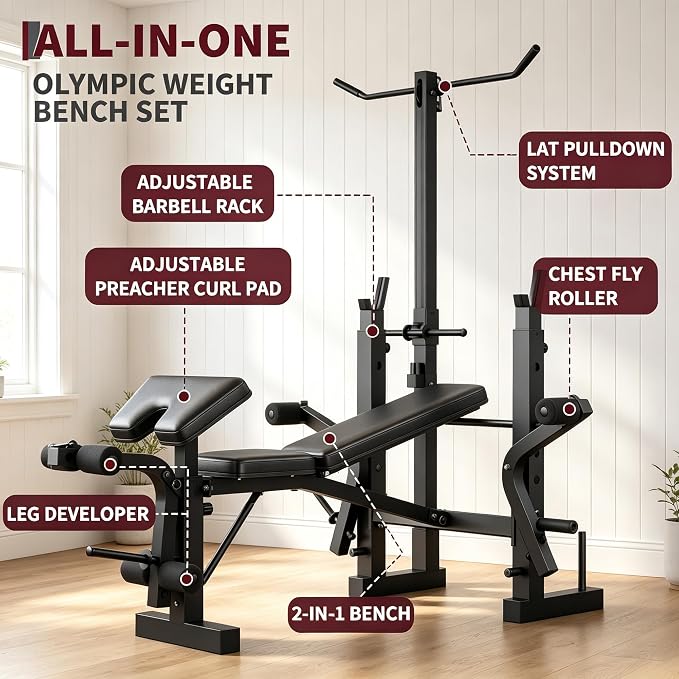 Weight Bench with Leg Extension & Preacher Curl, 8-in-1 Adjustable Bench | Bench Press Set with Squat Rack, 1000LB Capacity Foldable Workout Bench for Home Gym, Full Body Strength Training Equipment