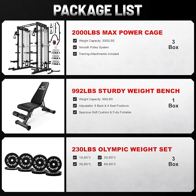JELENS Smith Machine for Home Gym, Multi-Function M12 Power Cage with Cable Crossover System, Squat Rack with Smith Bar and More Attachment