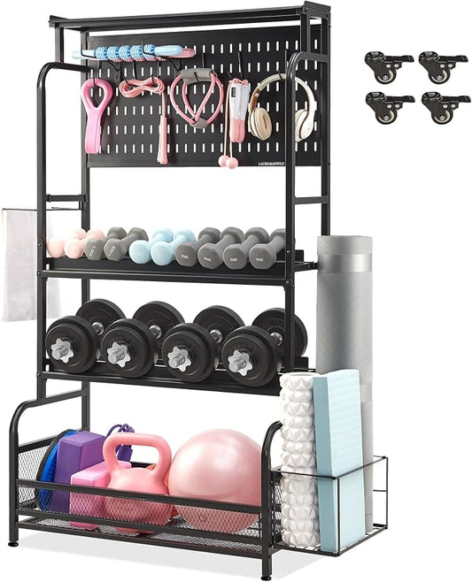 Lauren&Harold 56'' Taller Home Gym Storage Organizer with Hanging Board | Yoga Mat Storage Rack Exercise Workout Equipment Storage Stand with Hooks , Dumbbell Holder Kettlebell Rack with Wheels/Feets