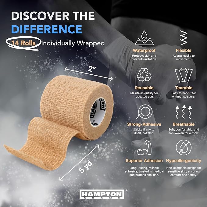 Hampton Adams Self Adhesive Bandage Wrap, Pet Safe, Cohesive Hold | 14 Pack, 15 ft Rolls, Breathable Elastic, No Clips Needed, for Sports Injuries Ankle Knee & Wrist Sprains, Vet Safe