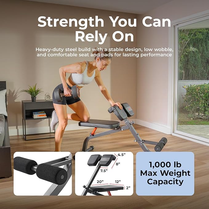 Sunny Health & Fitness Foldable Roman Chair, Back Hyperextension Bench | Adjustable Height, Folds Flat for Storage, Built in Dip Station, Targets Back, Abs & Core, Crunches & Back Extensions
