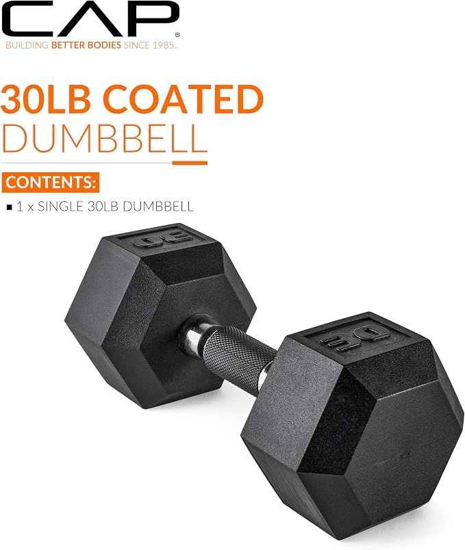 CAP Rubber Coated Dumbbell Weights, Free Weights for Home Gym Strength Training, Anti-Roll Hex Dumbbells with Black, Chrome & Comfort Grip Handles, Singles