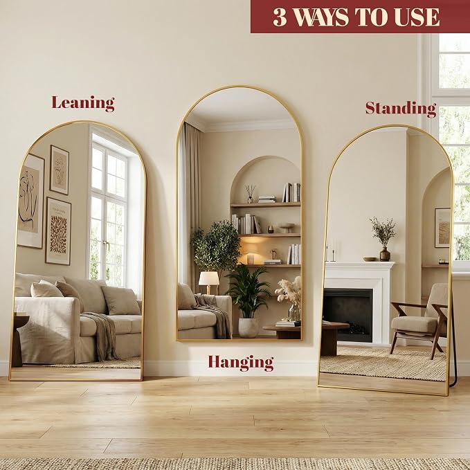 Suidia 58"x18" Arched Full Length Mirror with Stand, Full Body Mirror with Aluminum Frame, Freestanding/Leaning/Wall-Mounted, Floor Mirrors for Bedroom, Living Room, Entryway, Dressing Room, Gold