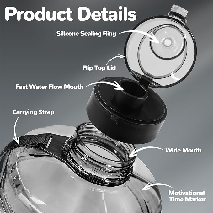 1 Gallon Water Bottle, Water Jug with Motivational Time Marker & Handle | BPA Free,Gallon Water Jug, Half Gallon water Bottle for Sport Gym Camping Workout Outdoors Yoga (Clear Black)