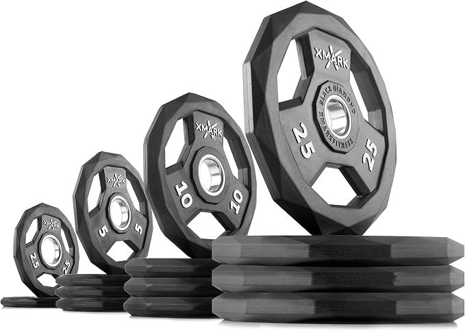 XMARK Black Diamond Olympic Weight Plates 2-Inch, Rubber Barbell Plates with Tri-Grip Handles for Home Gym Strength Training