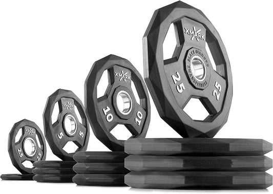 XMARK Black Diamond Olympic Weight Plates 2-Inch, Rubber Barbell Plates with Tri-Grip Handles for Home Gym Strength Training
