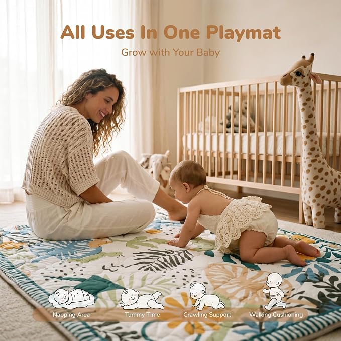 Momcozy Baby Play Mat for Floor, 59"x71" Thickened Playpen Mat | Playmate for Baby Tummy Time, Waterproof & Non-Slip, Foldable Outdoor Mat with Carrying Handle, Forest World