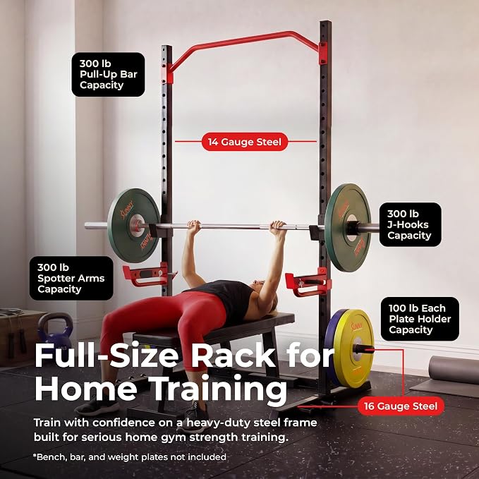 Sunny Health & Fitness Multifunctional Strength Training Home Gym – Complete Workout Equipment with Training Attachments, Optional Squat Stand, Power Rack Cage, Adjustable Incline Bench