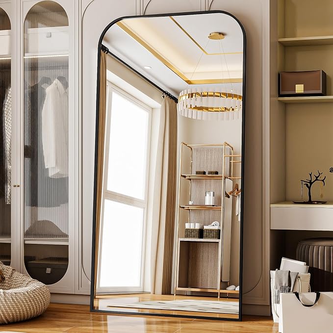 Oversized Full Length Mirror 76"x34" Arched Floor Standing Mirror | Large Full Body Mirrors with Stand - with Aluminum Frame for Bedroom Living Room, Black