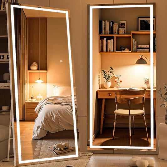 71" x 32" Full Length Mirror with Lights, LED Lighted Floor Standing Body Mirror, Dimmable & 3 Color Lighting for Bedroom, Cloakroom, Dressing Room, Tempered Glass, White Frame