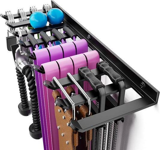 Wall-Mounted Home Gym Equipment Storage Rack for Resistance Bands, Barbell Bars, Cable Attachments, Lifting Belts, Jump Ropes, and Chains