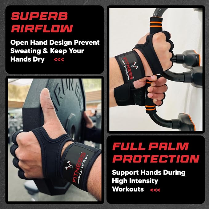 FITNESS FORCE Ventilated Weight Lifting Workout Gloves for Men & Women | Gym Gloves for Men & Women with Built-in Wrist Wraps for Men, Exercise Gloves for Weightlifting, Cycling & Cross Training