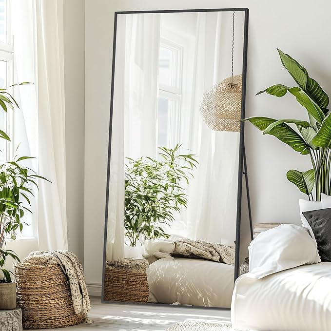 71"x32" Floor Mirror Full Length with Stand, Black, Rectangular | Free Standing or Leaning Against Wall, Wall‑Mountable, for Gym Bedroom Living Room, Aluminum Alloy Frame, Tempered Glass