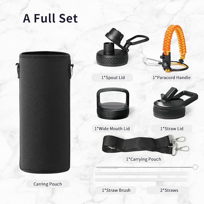Trebo Water Bottle Insulated 40 oz with 3 Lids, Paracord Handle & Sleeve | Stainless Steel Flask Vacuum, Triple Wall Copper Plated, Dishwasher Safe, Keeps Cold 48Hrs for Hiking, Gym, Wide Mouth