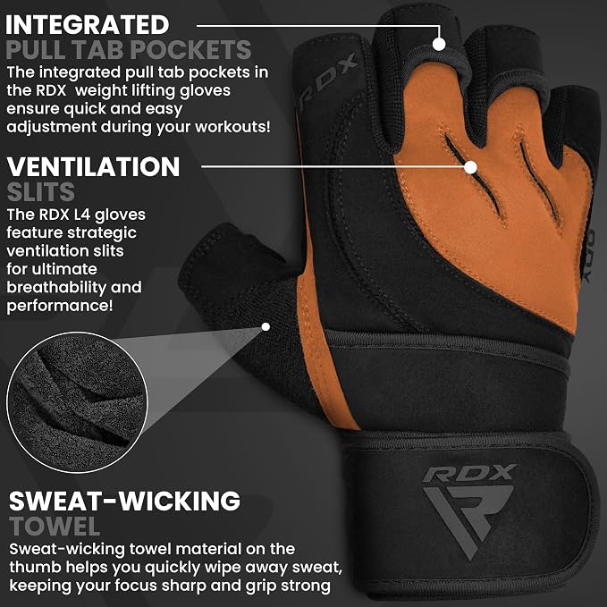 RDX Weight Lifting Workout Gloves with Wrist Support, 50 CM Long Wrist Straps, Anti Slip Padded Palm, Breathable Gym Grip for Fitness Training Powerlifting, Men Women Bodybuilding Exercise