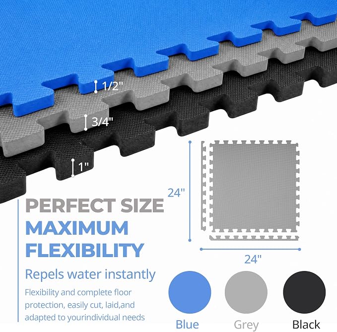 HulkFit Puzzle Exercise Mat, 1/2 Inch EVA Interlocking Foam Gym Flooring for Home Gym, Garage, Apartments, Shock-Absorbing Floor Tiles Workout Mat for Workout Equipment, MMA, Gymnastics, 12 Tiles