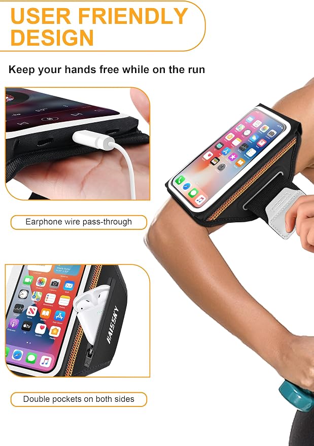 Running Armband with Earphone Bag Cell Phone Armband for iPhone 16 15 Pro 14 Plus 13 11 XR XS, Galaxy S24/S10 Water Resistant Sports Phone Holder Case & Zipper Slot Car Key Holder for 6.9 inch Phone | Zipper Pocket for Keys & Earphones, TPU Touchscreen...